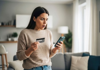 Woman in brown sweater, with black hair, card and phone in hand looking shocked at her phone.