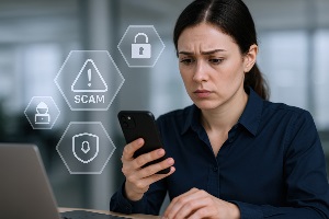 Worried Woman Looking at Phone with Scam Alert - Online Fraud and Cyber Security Concept