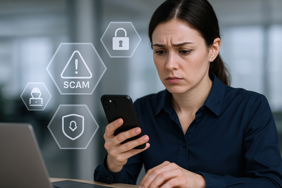 Worried Woman Looking at Phone with Scam Alert - Online Fraud and Cyber Security Concept