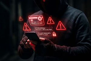 Hacker using a smartphone with cyber security alert holograms and fraud warnings in a dark room
