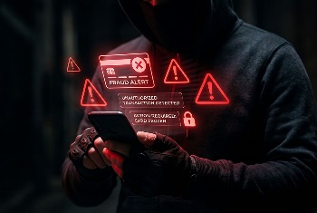 Hacker using a smartphone with cyber security alert holograms and fraud warnings in a dark room