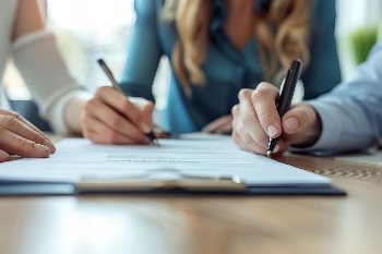 A person signing document with pen and cell phone