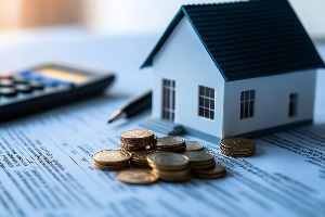 A miniature house model on top of mortgage papers, accompanied by a calculator, a pen, and a small bag of coins, symbolizing the financing and planning of real estate