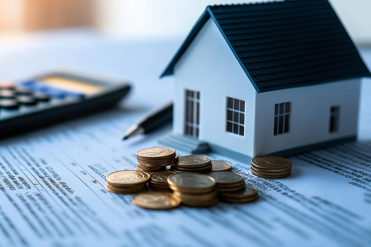 A miniature house model on top of mortgage papers, accompanied by a calculator, a pen, and a small bag of coins, symbolizing the financing and planning of real estate
