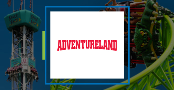 Adventureland logo with rollercoaster and theme park ride in the background