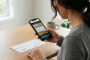 Woman using mobile banking app to deposit a check remotely by taking a photo with her smartphone at a wooden desk