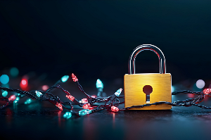 Golden Padlock With Festive Christmas Lights Reflecting On A Dark Surface Symbolizing Holiday Cybersecurity