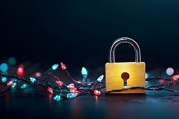 Golden Padlock With Festive Christmas Lights Reflecting On A Dark Surface Symbolizing Holiday Cybersecurity