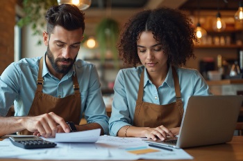 Two young cafe owners, African American woman, man, collaborate on bookkeeping. Two young cafe owners, African American woman, man, collaborate on bookkeeping.