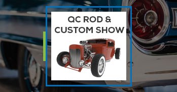 Vintage car with QC Rod & Custom Show text and cars in the background of logo