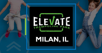 Two girls jumping and smiling in the background with Elevate Trampoline Park in Milan logo overlay