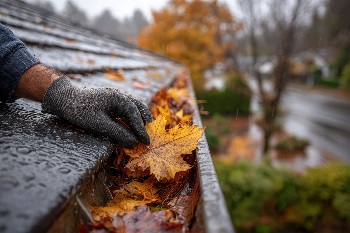 Hand in glove removing autumn leaves from a roof gutter in rainy weather. Illustrates home maintenance, seasonal changes, and preventing water damage.