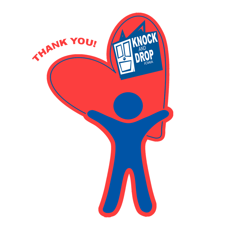 Knock and drop des moines iowa logo, figure of person in front of a heart