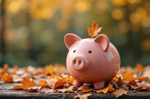 piggy bank in leaves during fall