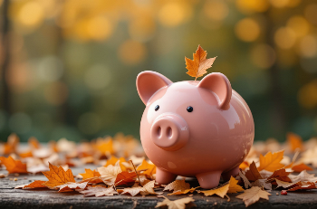 piggy bank in leaves during fall