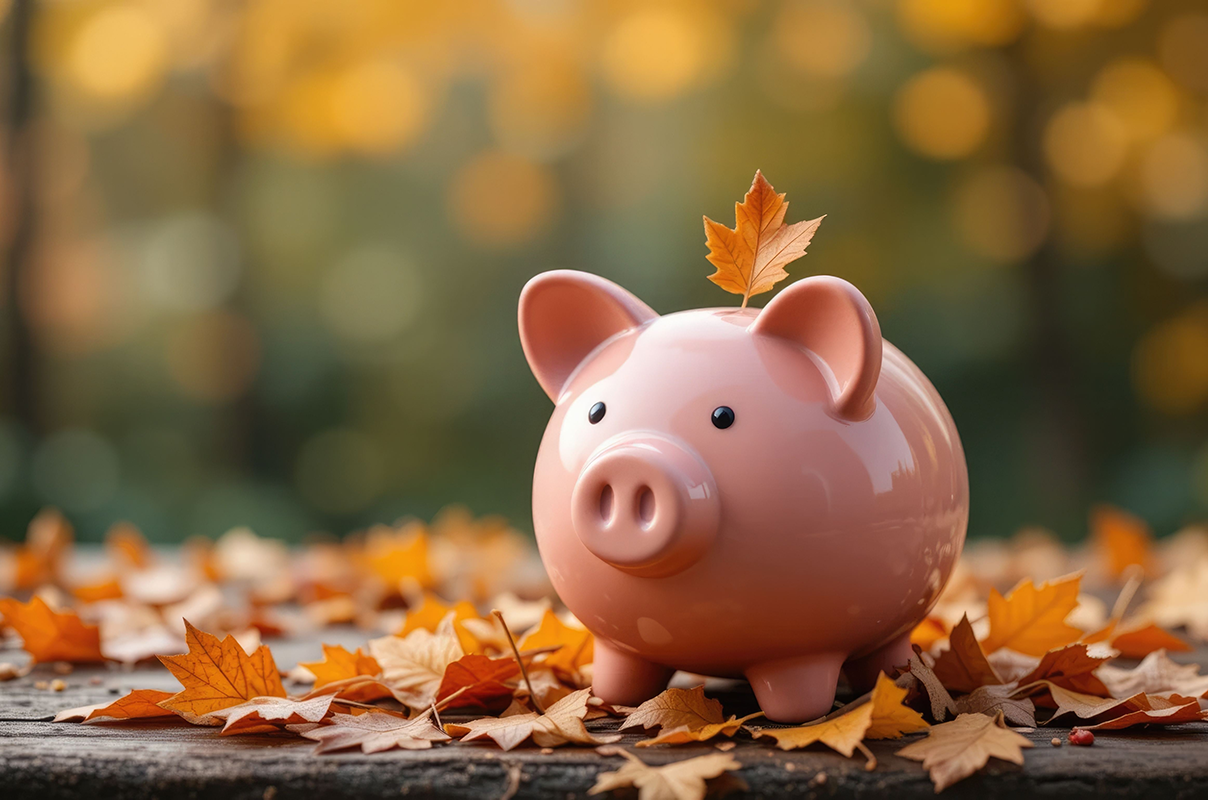 piggy bank in leaves during fall