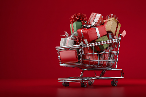 Grocery cart filled with wrapped presents