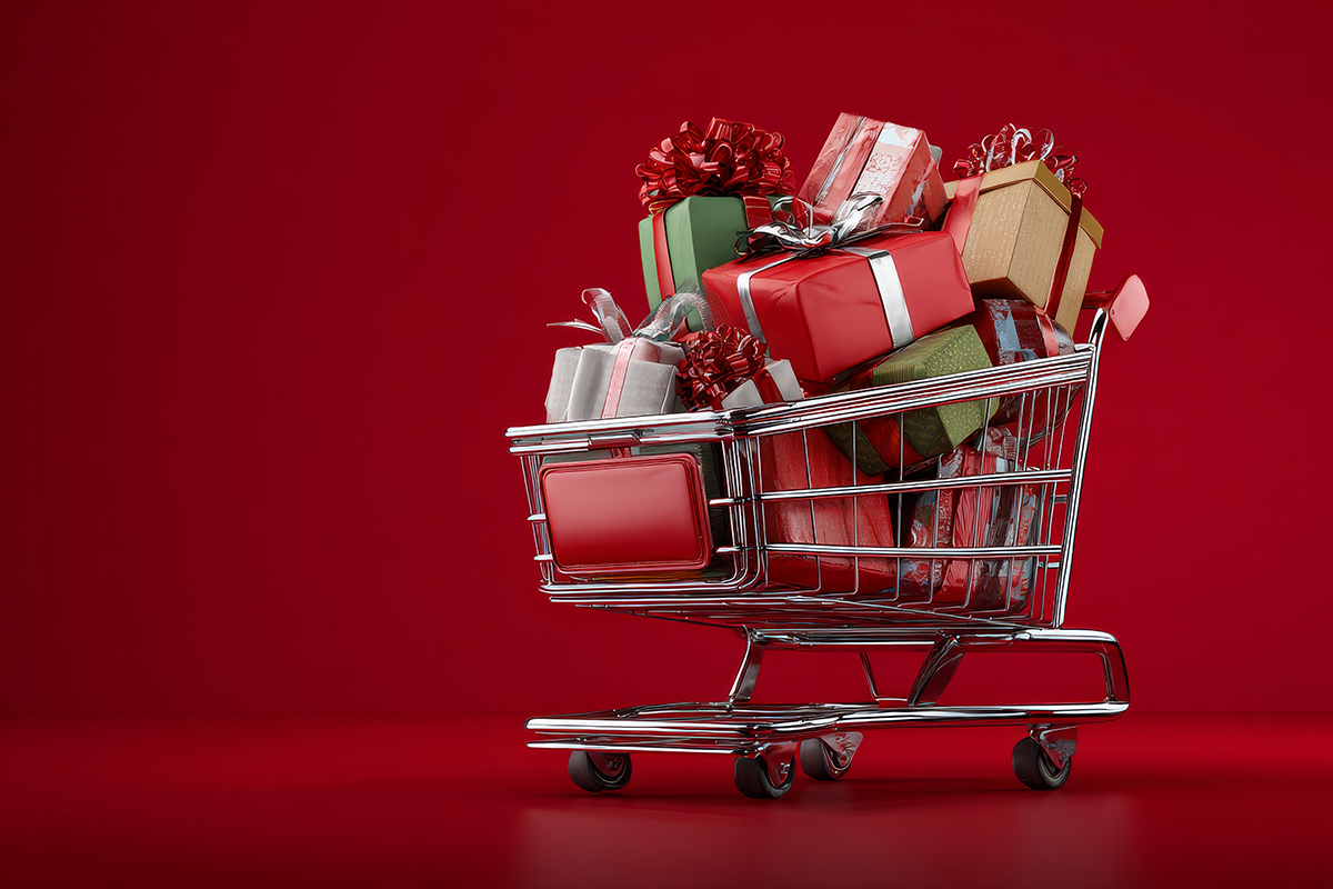 Grocery cart filled with wrapped presents