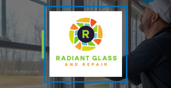 Man repairing glass with Radiant Glass and Repair logo in front of it