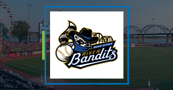 River bandits logo that shows a racoon holding a baseball in a blue bandana