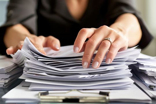 Women going through a big stack of papers
