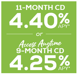 11-month at 4.40% APY or 9-month Access Anytime CD at 4.25% APY